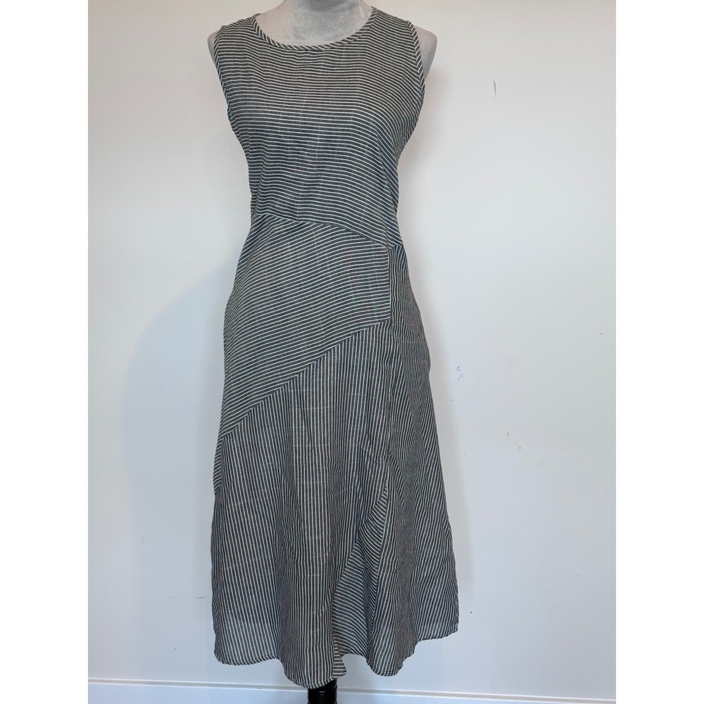 Sleeveless Striped Midi Dress Asymmetrical Seam Black White A-Line Round Neck